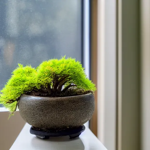 Image similar to a small kokedama on a plate in a kitchen next to a window, a small red momiji bonsai is growing from the top of the kokedama, beautiful lighting, cinematic, high detail,