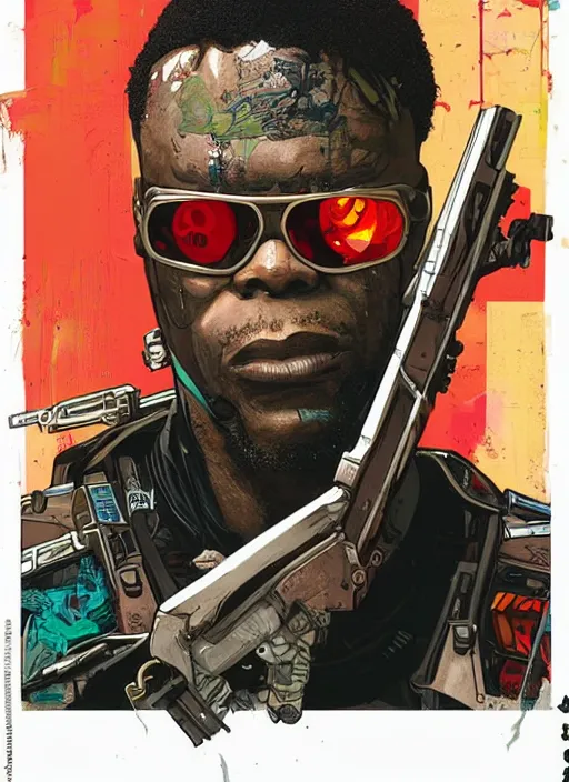 Prompt: chidi igwe. futuristic cyberpunk mercenary in sleek combat gear. portrait illustration, pop art, splash painting, art by geof darrow, ashley wood, alphonse mucha, makoto shinkai