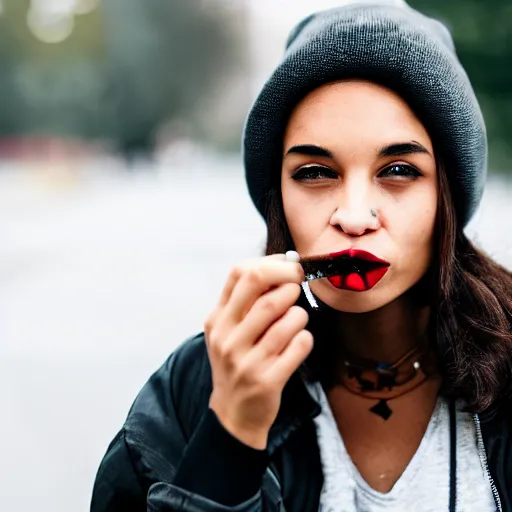 Image similar to portrait of a mixed woman smoking a cigarette, black beanie, black bomber jacket, urban environment, depth of field