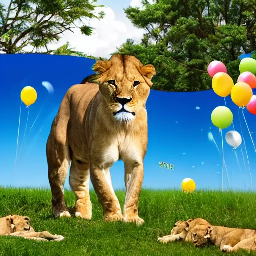 Prompt: award winning panoramic nature photography, a scenic picture of a birthday cake surrounded by lions. balloons are in the background. birthday party setting. extremely detailed lioness. hyperrealistic, 8 k