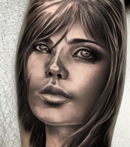 Image similar to a beautiful girl portrait, faded mountain background, realism tattoo, in the style of den yakovlev, black and white, hyper realistic, highly detailed