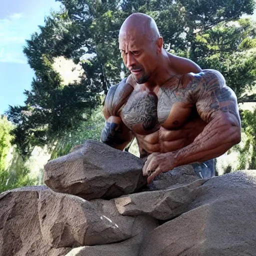 Prompt: Photo of Dwayne Johnson sculpting an statue of Dwayne Johnson made of rock
