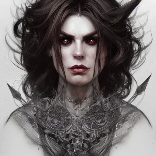 Image similar to portrait of a evil witch with scary eyes, soft hair, muscular, half body, leather, hairy, d & d, fantasy, intricate, elegant, highly detailed, digital painting, artstation, concept art, smooth, sharp focus, illustration, art by artgerm and greg rutkowski and alphonse mucha