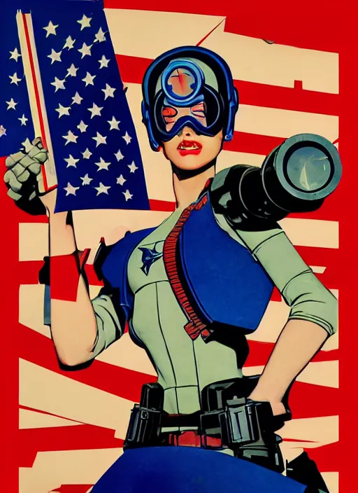 Prompt: patriotic american propaganda poster. cyberpunk female supersoldier. portrait by jean giraud and anton otto fischer and john philip falter and will eisner and gil elvgren and pixar. realistic proportions. character art. science fiction d & d. tf 2, overwatch, rb 6 s, cyberpunk 2 0 7 7, blade runner 2 0 4 9.