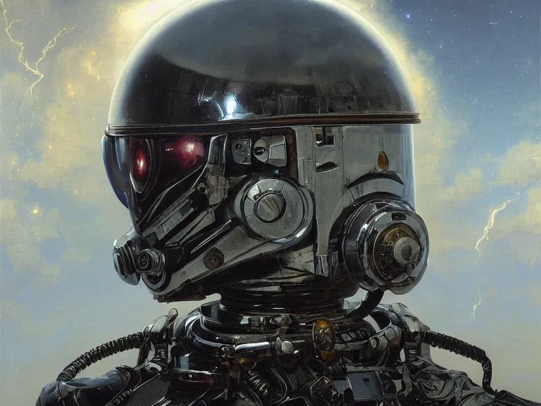 Prompt: a detailed profile oil painting of an advanced shock trooper in a spacesuit with reflective helmet, advanced technology flight suit, portrait symmetrical and science fiction theme with lightning, aurora lighting clouds and stars by beksinski carl spitzweg and tuomas korpi. baroque elements, full-length view. baroque element. intricate artwork by caravaggio. Trending on artstation. 8k