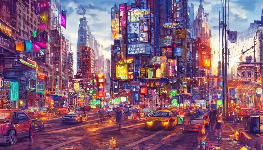 Image similar to a busy city street, digital art, highly detailed, realistic, bright colors, 8 k