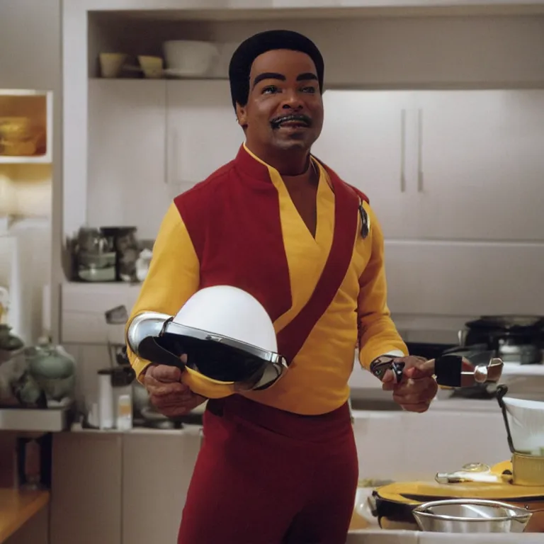 Image similar to geordi laforge wearing visor and a colander and random kitchen tools on his head