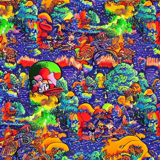 Image similar to psychedelic trippy couch pine forest with woodland critters planets milky way sofa cartoon by carl barks