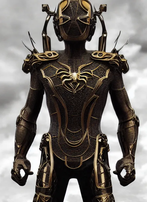 Image similar to hyper realistic glorious ancient celtic spiderman in a obsidian metal armor, futuristic design, designed by makoto kobayashi and luca zampriolo, portrait, cyberpunk style, wood and gold details, intricate, extremely detailed, ornate, deep of field, hard surface, exoskeleton, substance designer metal unreal engine. amazing likeness. very detailed.