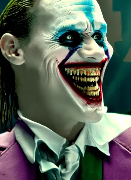 Prompt: film still of Jared Leto as The Joker in The Dark Knight, 4k