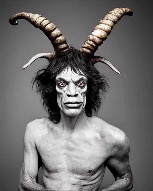 Prompt: actor Mick Jagger in Elaborate Pan Satyr Goat Man Makeup and prosthetics designed by Rick Baker, Hyperreal, Head Shots Photographed in the Style of Annie Leibovitz, Studio Lighting