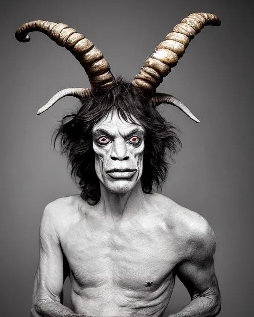 Image similar to actor Mick Jagger in Elaborate Pan Satyr Goat Man Makeup and prosthetics designed by Rick Baker, Hyperreal, Head Shots Photographed in the Style of Annie Leibovitz, Studio Lighting