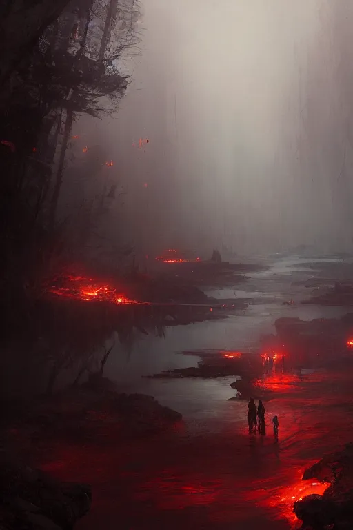 Image similar to bloody river in hell, by greg rutkowski, people walking into the horizon, trending on artstation