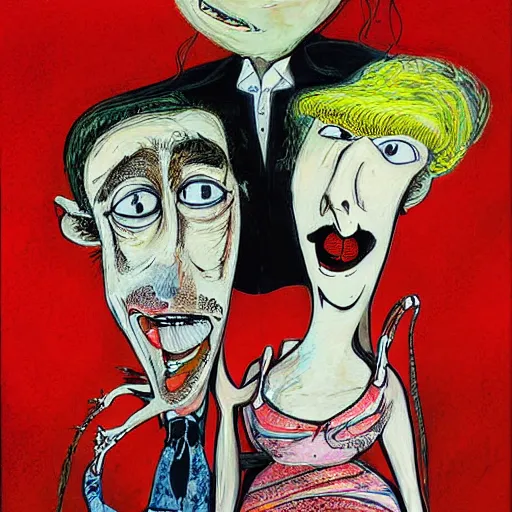 Prompt: a detailed painting titled me my sister and her boyfriend by gerald scarfe and ralph steadman