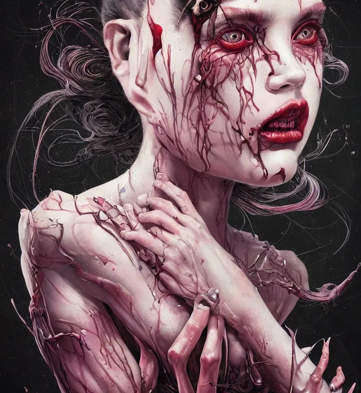 Image similar to a dream portrait of a gorgeous succubus dancing, beautiful, terrifying, melting, webbing, 8 k, by tristan eaton, stanley artgerm, tom bagshaw, greg rutkowski, carne griffiths, ayami kojima, beksinski, giger, trending on deviantart, face enhance, hyper detailed, minimalist, horror, full colour