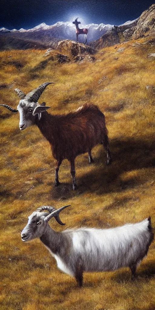 Image similar to a surreal painting of a goat in alpine mountains, photorealistic, cinematic, dramatic, vivid, dark and beautiful, higly, civilized, cinematic lighting