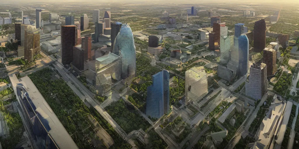 Prompt: panorama of houston texas in the future, sci - fi buildings and technologies, nature is lush and has been restored, birds are flying, realistic, beautiful, landscape, octane render, 8 k, peaceful, cinematic lighting, extremely detailed, hd, unreal