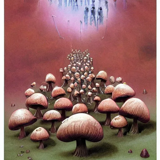 Prompt: woman commands little mushroom soldiers, by wayne barlowe