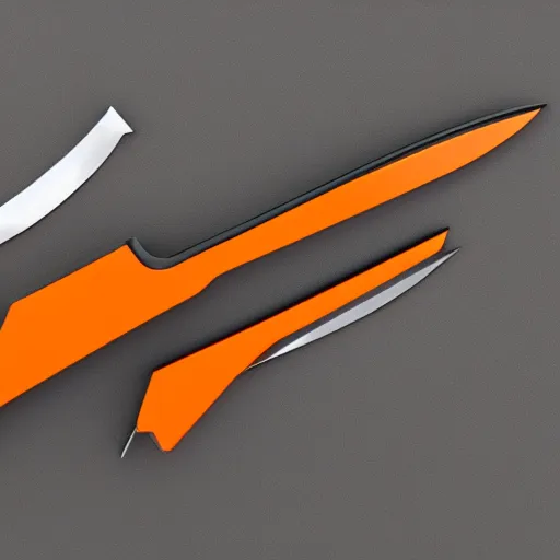 Prompt: a pair of black and orange knifes on a gray background, a 3 d render by dom qwek, trending on polycount, futurism, hard surface modeling, rendered in maya, artstation hd