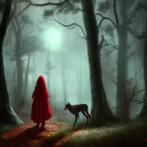 Prompt: little red ridinghood on a dark moonlight forest path being stalked by a wolf, darkwave, darksynth, concept art, sharp, digital matte painting, art by, greg rutkowski, wlop, dramatic lighting, trending on artstation