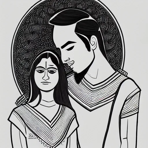 Image similar to perfectly centered symmetrical split male and female portrait of young indian man and woman in love sharing one heart. illustration, highly detailed, simple, no jagged lines, smooth, artstation, artwork by chip zdarsky