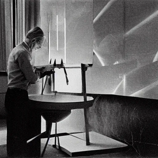 Image similar to filmstill of Marcel Duchamp working on a futuristic machine, long exposure, archival pigment print