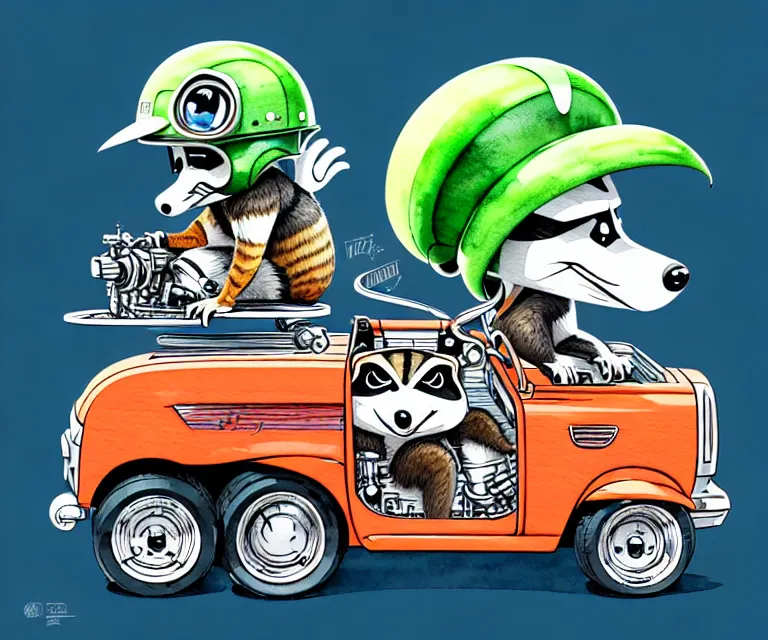 Image similar to cute and funny, racoon wearing a helmet riding in a tiny streetrod with oversized engine, ratfink style by ed roth, centered award winning watercolor pen illustration, isometric illustration by chihiro iwasaki, edited by range murata, tiny details by artgerm and watercolor girl, symmetrically isometrically centered