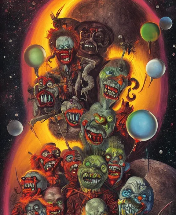 Prompt: illustration of Killer Klowns from Outer Space, Les Edwards poster art, detailed