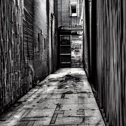 Prompt: found footage shot at night. urban alleyway. creepy monster hiding. horrific. hd photography.