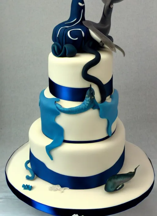 Image similar to a wedding cake with a squid and a whale on top