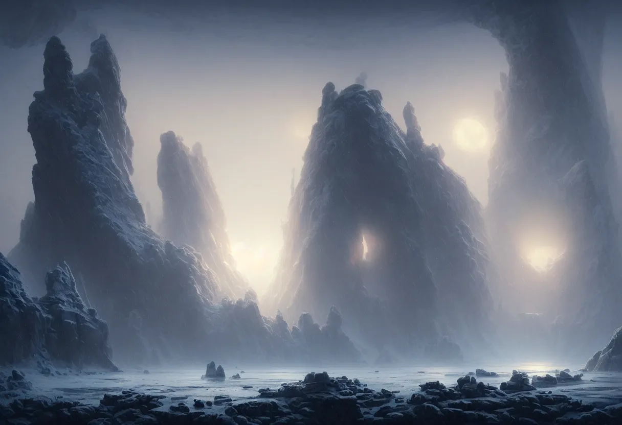 Image similar to strange surface of another frozen winter planet at sunset ruins of ancient civilization at sea, ultra high definition, ultra detailed, symmetry, fog, matte painting, by greg rutkowski and ross tran and wlop