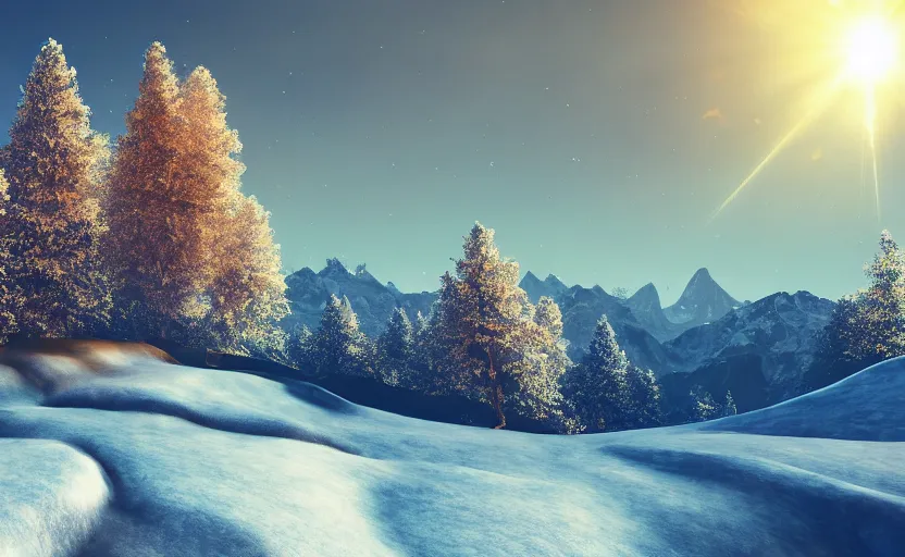 Image similar to mountain landscape in winter!!!, flowers, trees, bright landscape, dreamy light, sunny, floating particles, complementary palette, by and jacek yerga and jesse king, pop surrealist, wiccan, unreal engine, bokeh, detailed