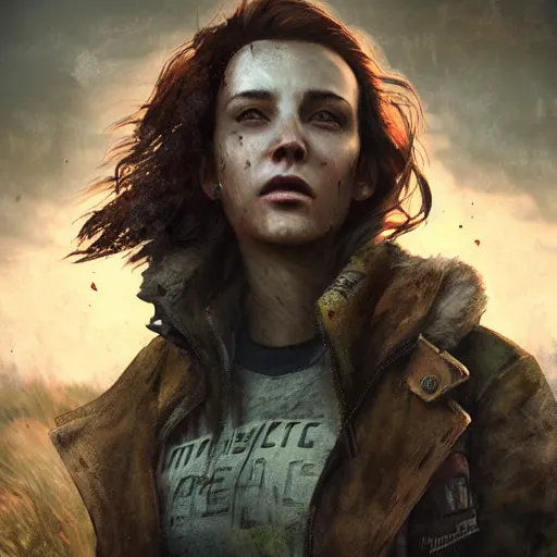 Prompt: fallout 5, charismatic beautiful rugged brunette female protagonist, portrait, outdoors country road, atmospheric lighting, painted, intricate, volumetric lighting, beautiful, daytime, overcast weather, sharp focus, deep colours, ultra detailed, by leesha hannigan, ross tran, thierry doizon, kai carpenter, ignacio fernandez rios