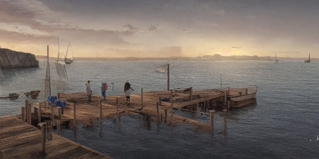 Prompt: wood dock low on water, child at edge of dock, big fishing boat next to the dock with waving sailors. low angle, sunrise, a mediterranean phoenician fishing village in the distance, chalk cliffs above, highly detailed, digital painting, artstation, concept art, sharp focus, illustration, art by artgerm and raphael lacoste and magali villeneuve