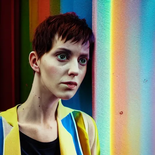 Prompt: hyperdetailed photo of a serious skinny woman with light eyes in front of a dark rainbow cybercity, short platine hair, hollow cheeks, wearing t - shirt under fashion suit, inside berghain, classic, photo 3 5 mm leica, hyperdetail, 8 k, very detailed, fine face