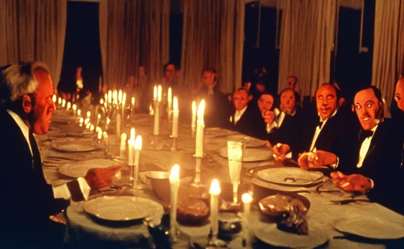 Image similar to Globalists and capitalist sitting around a big dinner table with candles in the shining by stanley kubrick, shot by 35mm film color photography