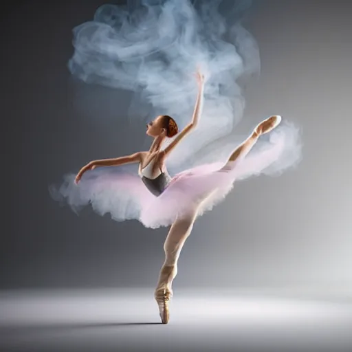 Image similar to ballerina dance in smoke, body covered with silk cloth, highly detailed, photorealistic portrait, bright studio setting, studio lighting, crisp quality and light reflections, unreal engine 5 quality render