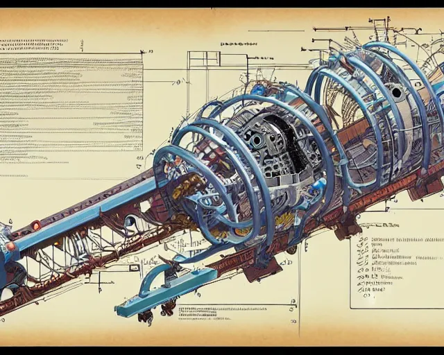 Image similar to a full page of a mechanical blueprint showing a cutaway design for a mechanized brontosaurus from howl's moving castle ( 2 0 0 4 ), with people inside piloting it, muted colors, post grunge, studio ghibli, hq,