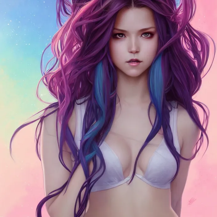 Image similar to full body portrait, a beautiful symmetrical gorgeous anime girl, rainbow hair, attractive, casual, modern, victoria's secret, highly detailed, digital painting, artstation, concept art, smooth, sharp focus, illustration, art by artgerm, greg rutkowski and alphonse mucha, 8 k,