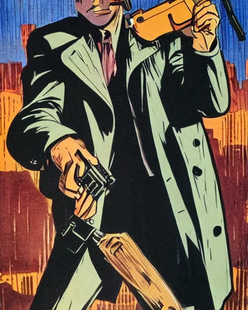 Image similar to detective with gun, wearing trenchcoat, 1 9 7 0 s los angeles, rainy, artwork by frank miller