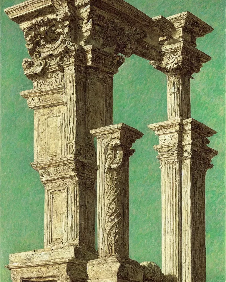 Image similar to achingly beautiful painting of intricate ancient roman corinthian capital on jade background by rene magritte, monet, and turner. giovanni battista piranesi.