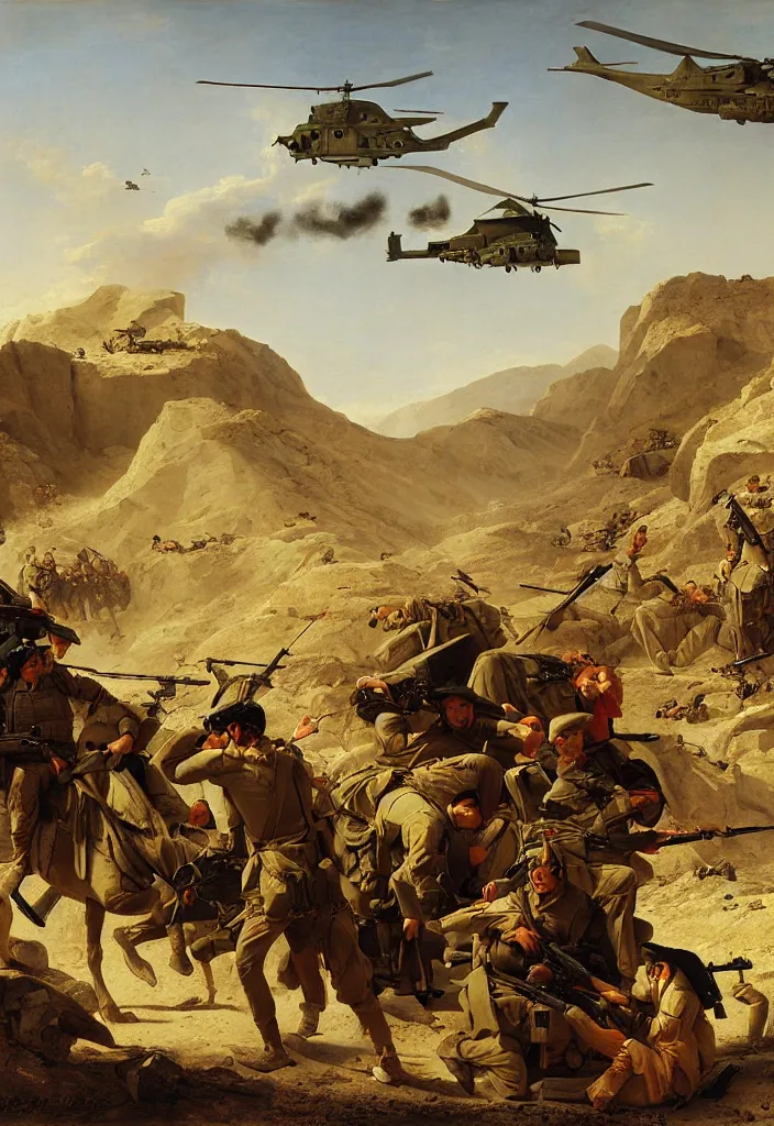 Image similar to afghanistan war portrait by jacques - louis david, desert, us army, battlefield, helicopters firing, humvee, tanks, bombs explosions