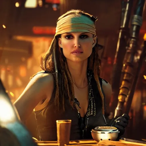 Image similar to a high quality portrait of natalie portman as a pirate in a cyberpunk cyberpunk cyberpunk cafe, realism, 8k, award winning photo