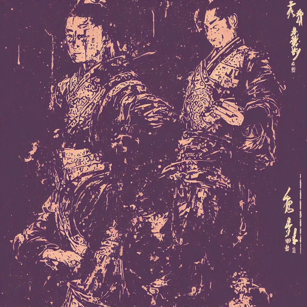 Image similar to poster of a beautiful meditating samurai in the style of cyberpunk noir