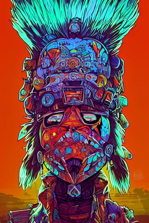 Image similar to totem animal tribal chaman vodoo mask feather gemstone plant wood rock video game illustration vivid color borderlands by josan gonzales and dan mumford radiating a glowing aura