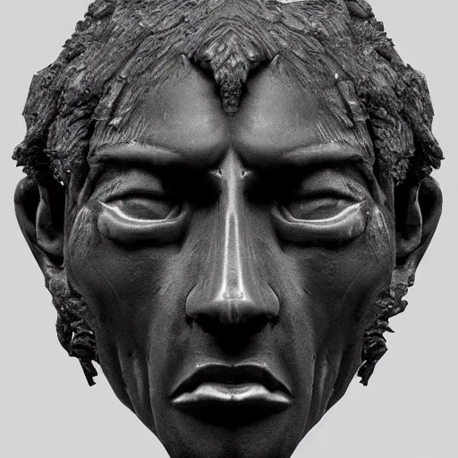 Image similar to a face of a man made of black stone. black background. cast iron. gothic baroque. expressive eyes. symmetry. epic. ominous shapes. hyper detailed. lighting from the bottom, sharp shadows. photoreal. trending on artstation