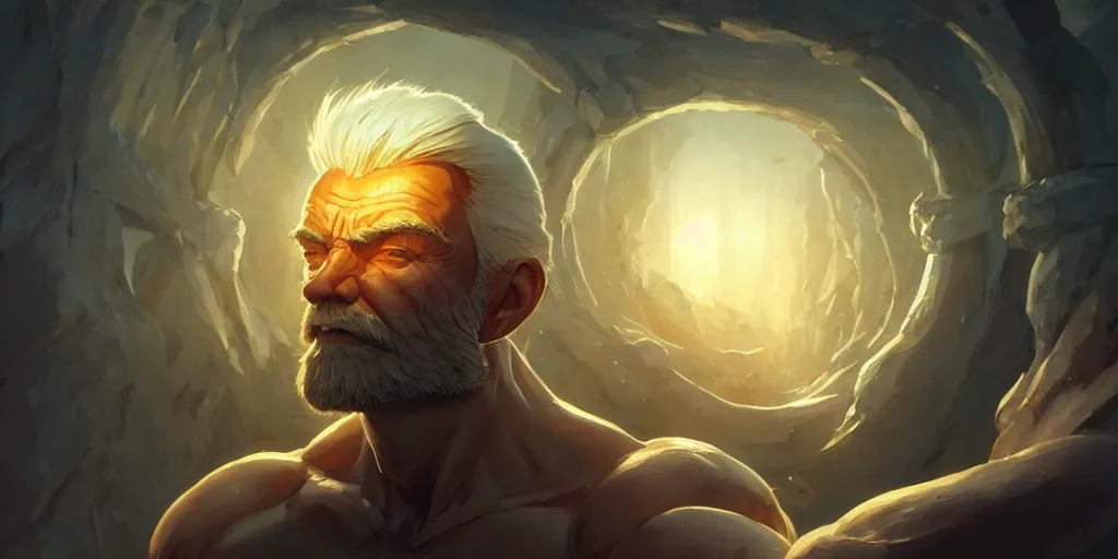 Image similar to Muscular old man with blond hair and beard inside a amber stasis crystal. In style of Greg Rutkowski, Jesper Ejsing, Makoto Shinkai, trending on ArtStation, fantasy, great composition, concept art, highly detailed, scenery, 8K, Behance.