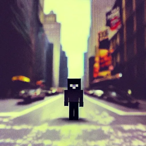 Image similar to A minecraft enderman walking the streets of new york, photograph, polaroid