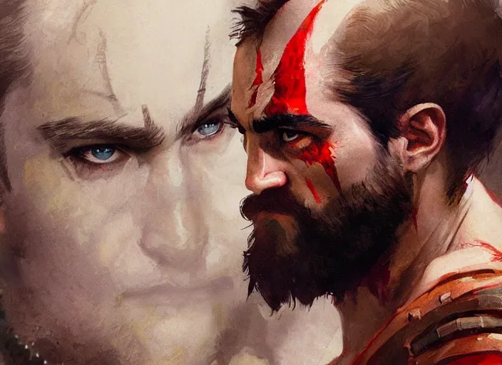 Prompt: a highly detailed beautiful portrait of robert pattison as kratos, by gregory manchess, james gurney, james jean