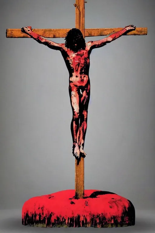 Image similar to bloody christ crucified on a very big mushroom painted in by cy twombly and andy warhol
